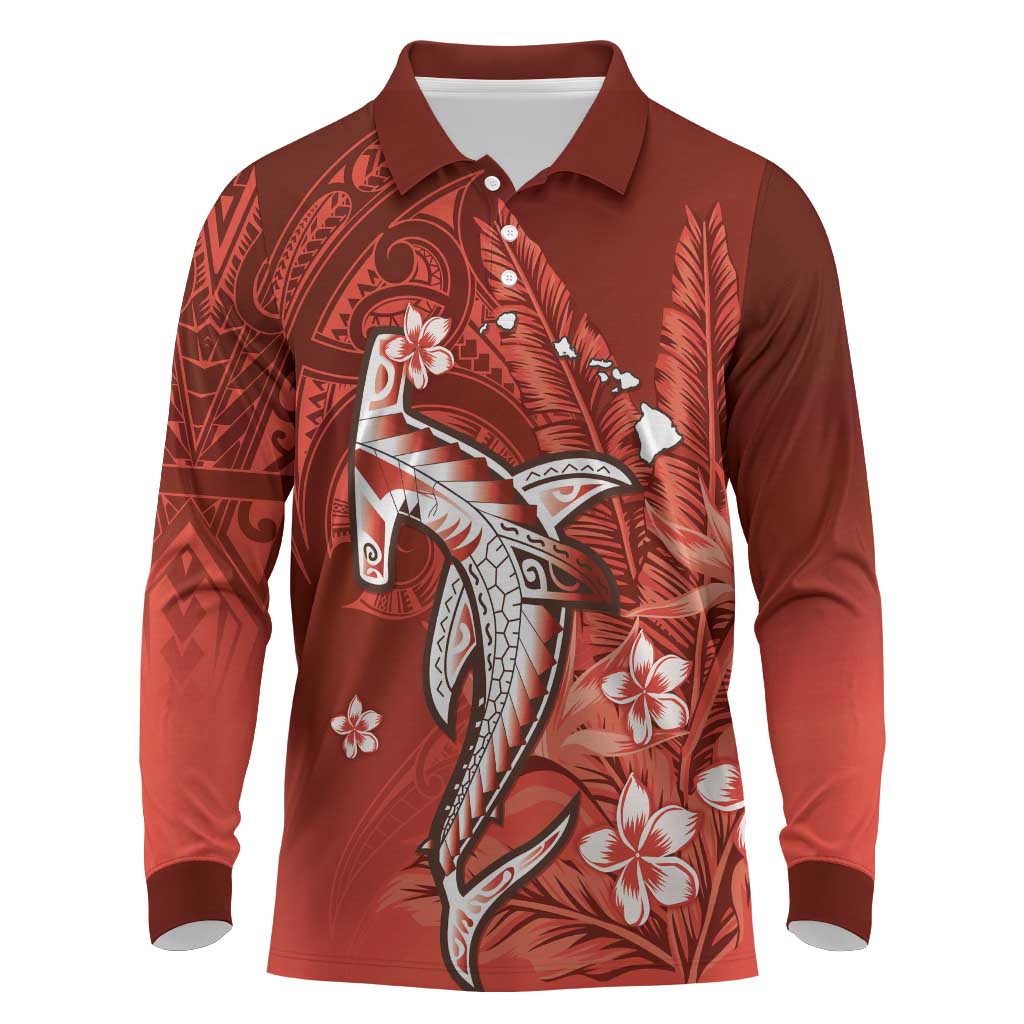 Personalized Hawaiian Maori Hammerhead Shark Long Sleeve Polo Shirt Ulaula Plumeria - Polynesian Pride