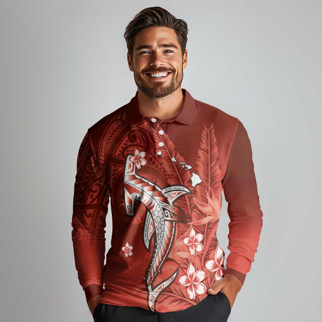 Personalized Hawaiian Maori Hammerhead Shark Long Sleeve Polo Shirt Ulaula Plumeria - Polynesian Pride