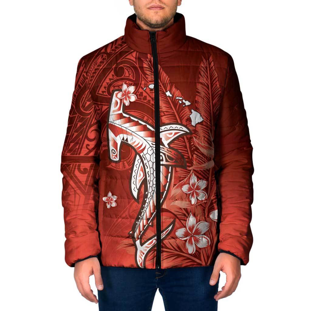 Personalized Hawaiian Maori Hammerhead Shark Padded Jacket Ulaula Plumeria - Polynesian Pride