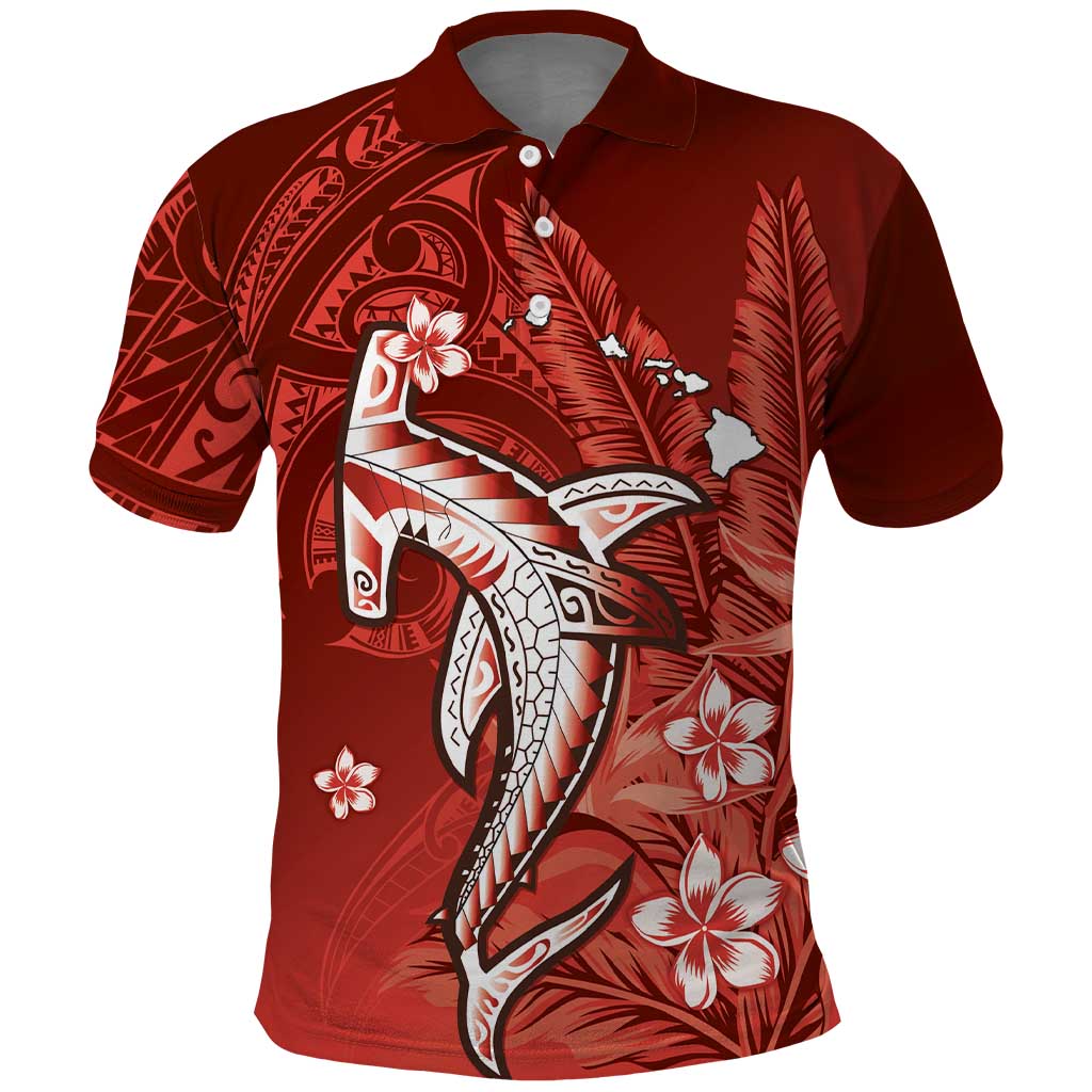 Personalized Hawaiian Maori Hammerhead Shark Polo Shirt Ulaula Plumeria - Polynesian Pride