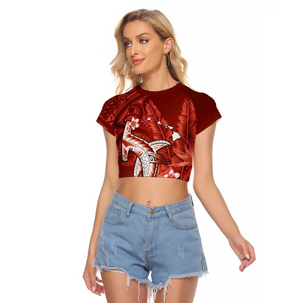 Personalized Hawaiian Maori Hammerhead Shark Raglan Cropped T Shirt Ulaula Plumeria LT9 Female Red - Polynesian Pride