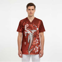 Personalized Hawaiian Maori Hammerhead Shark Scrub Top Ulaula Plumeria - Polynesian Pride