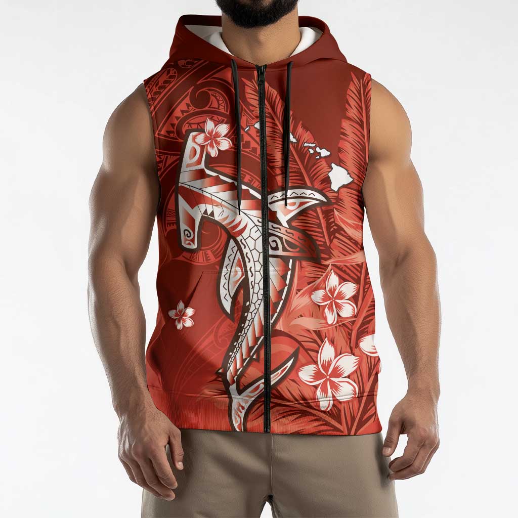 Personalized Hawaiian Maori Hammerhead Shark Sleeveless Zip Hoodie Ulaula Plumeria - Polynesian Pride
