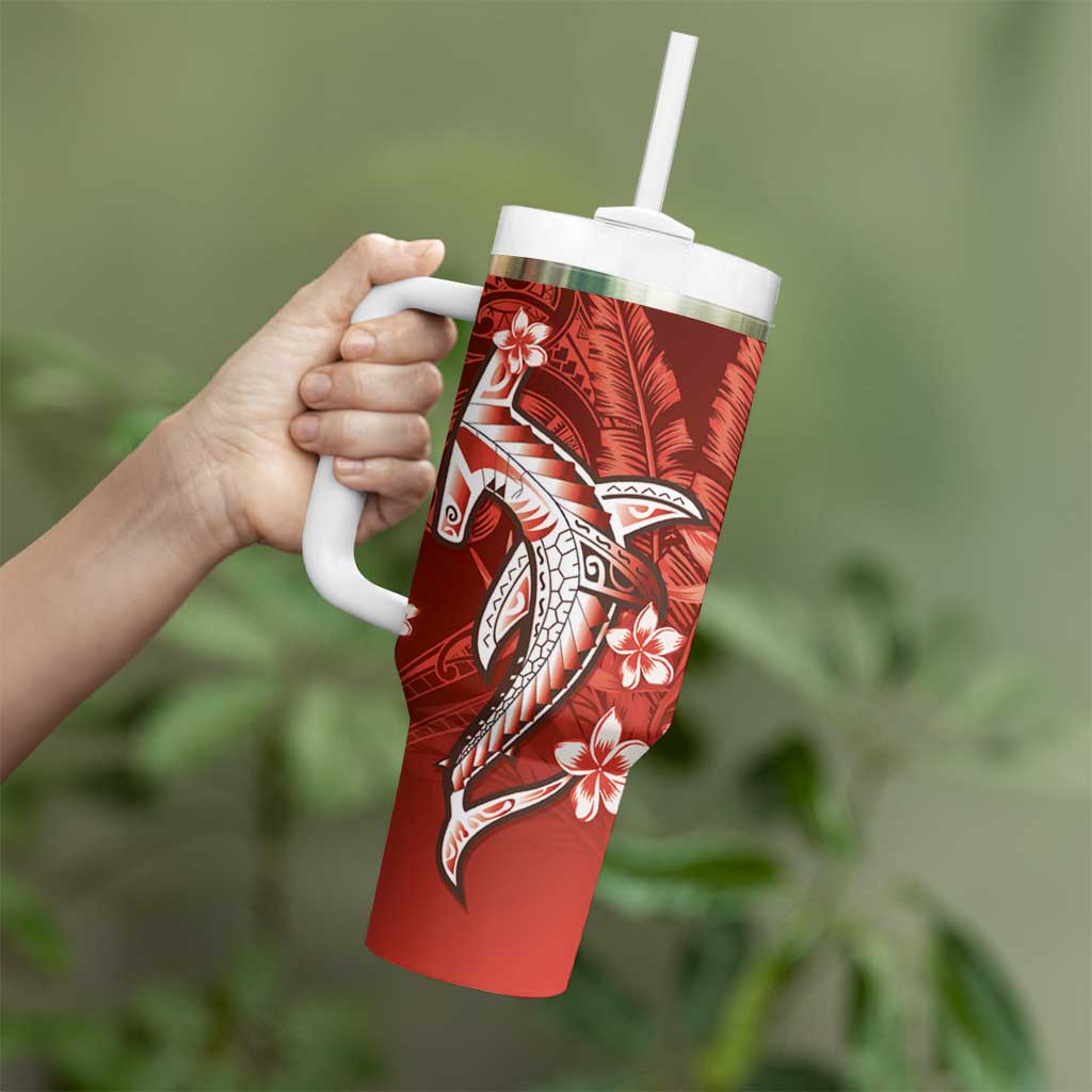 Personalized Hawaiian Maori Hammerhead Shark Tumbler With Handle Ulaula Plumeria - Polynesian Pride