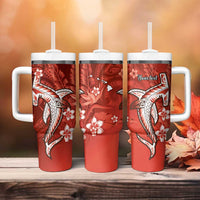Personalized Hawaiian Maori Hammerhead Shark Tumbler With Handle Ulaula Plumeria - Polynesian Pride