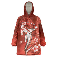 Personalized Hawaiian Maori Hammerhead Shark Wearable Blanket Hoodie Ulaula Plumeria - Polynesian Pride
