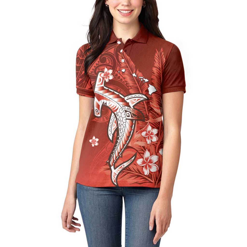 Personalized Hawaiian Maori Hammerhead Shark Women Polo Shirt Ulaula Plumeria - Polynesian Pride