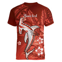 Personalized Hawaiian Maori Hammerhead Shark Women V-Neck T-Shirt Ulaula Plumeria - Polynesian Pride