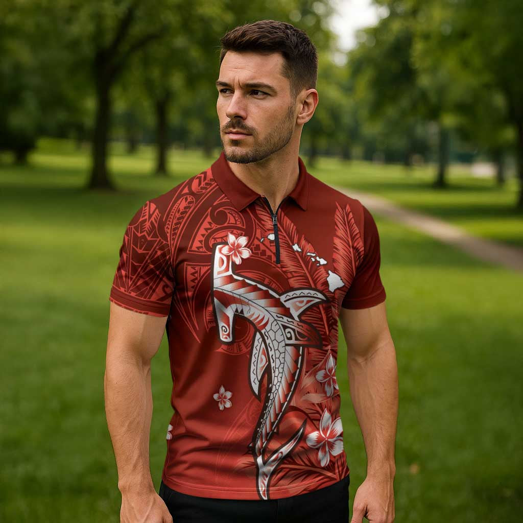 Personalized Hawaiian Maori Hammerhead Shark Zipper Polo Shirt Ulaula Plumeria - Polynesian Pride