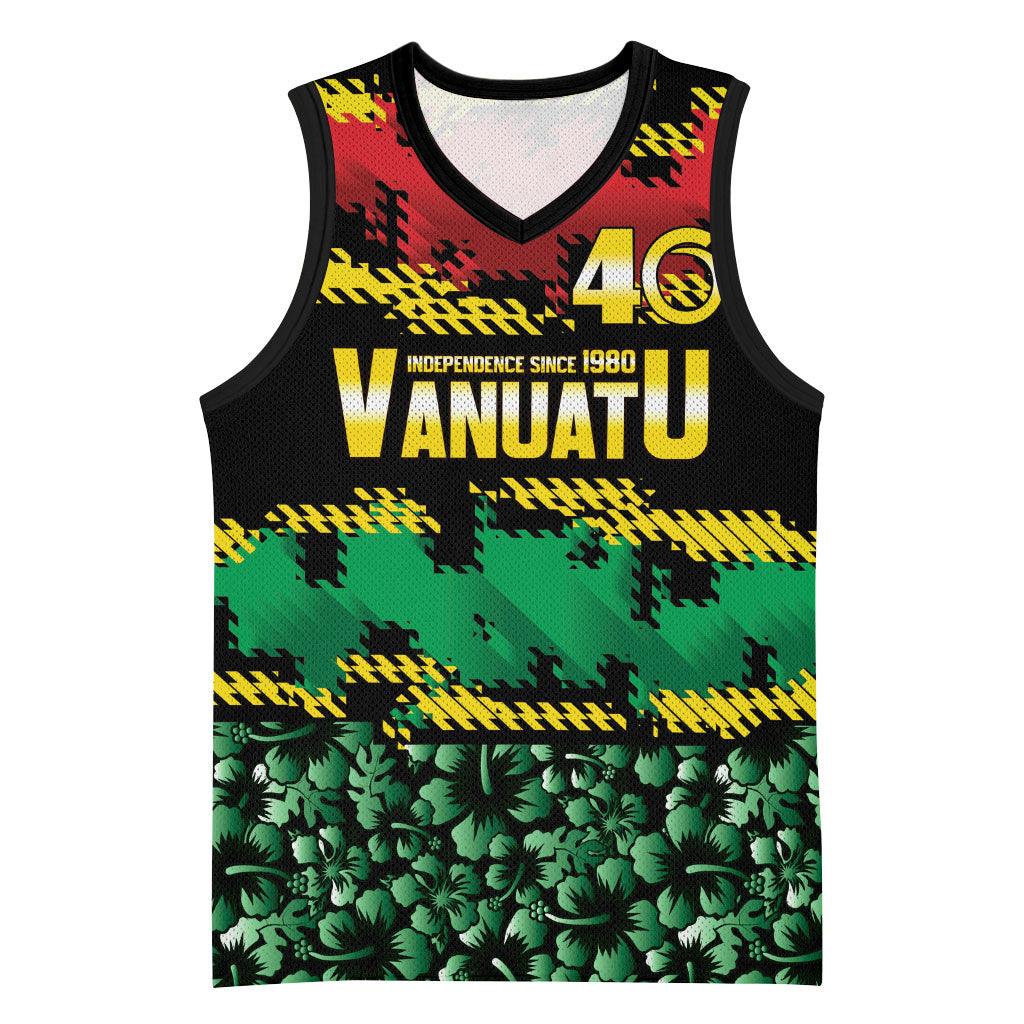 Vanuatu 46th Year Anniversary Basketball Jersey 30 July 1980 Hibiscus Seamless Pattern LT9 Unisex Black - Polynesian Pride
