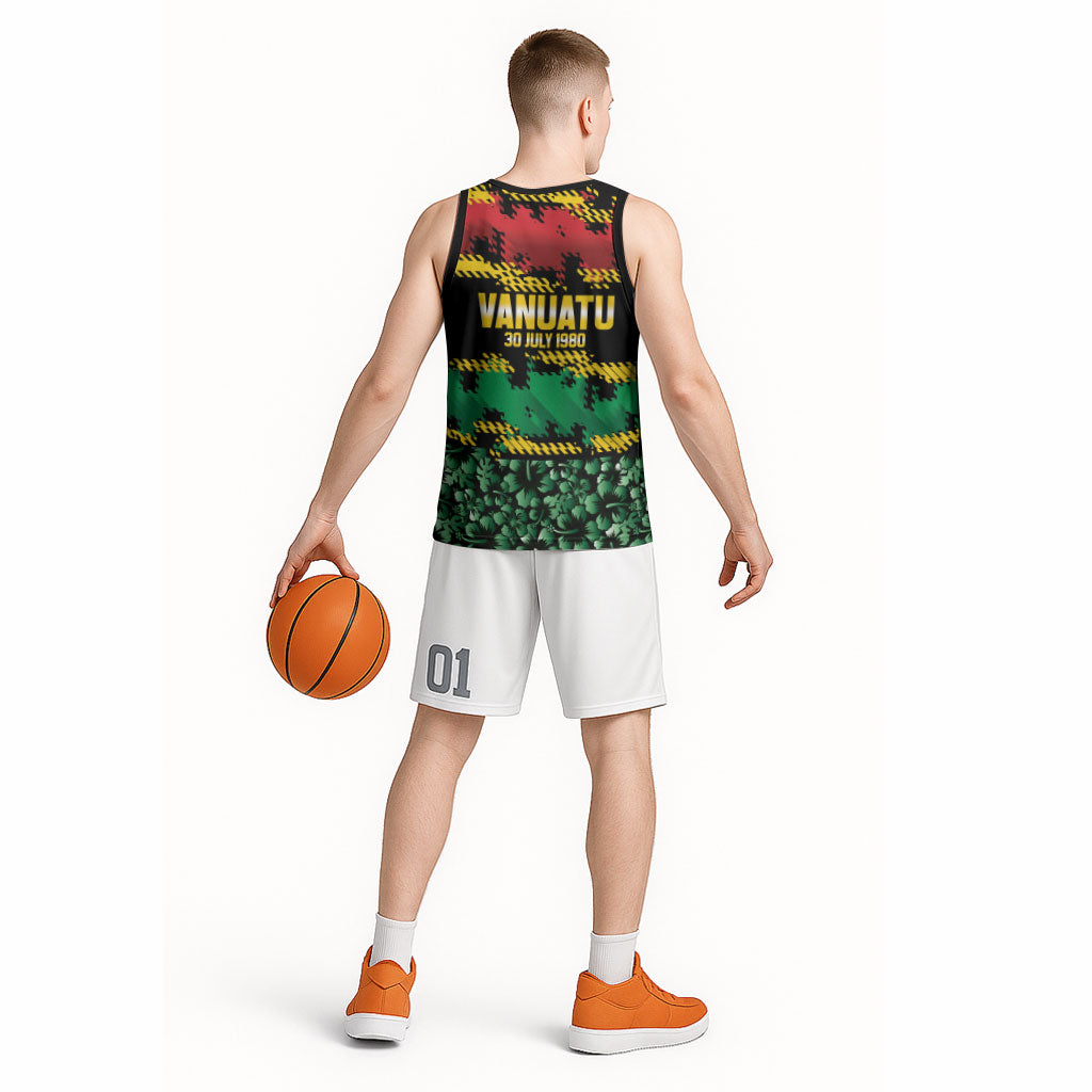 Vanuatu 46th Year Anniversary Basketball Jersey 30 July 1980 Hibiscus Seamless Pattern LT9 - Polynesian Pride