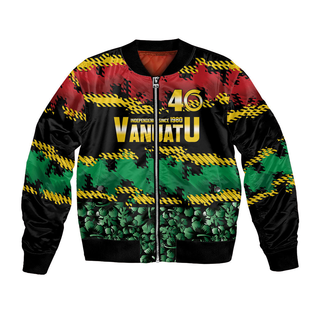 Vanuatu 46th Year Anniversary Bomber Jacket 30 July 1980 Hibiscus Seamless Pattern LT9 Unisex Black - Polynesian Pride