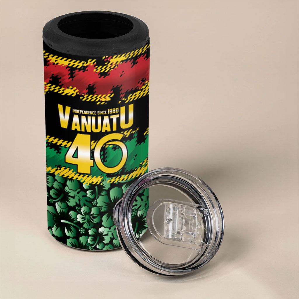 Vanuatu 46th Year Anniversary 4 in 1 Can Cooler Tumbler 30 July 1980 Hibiscus Seamless Pattern LT9 - Polynesian Pride