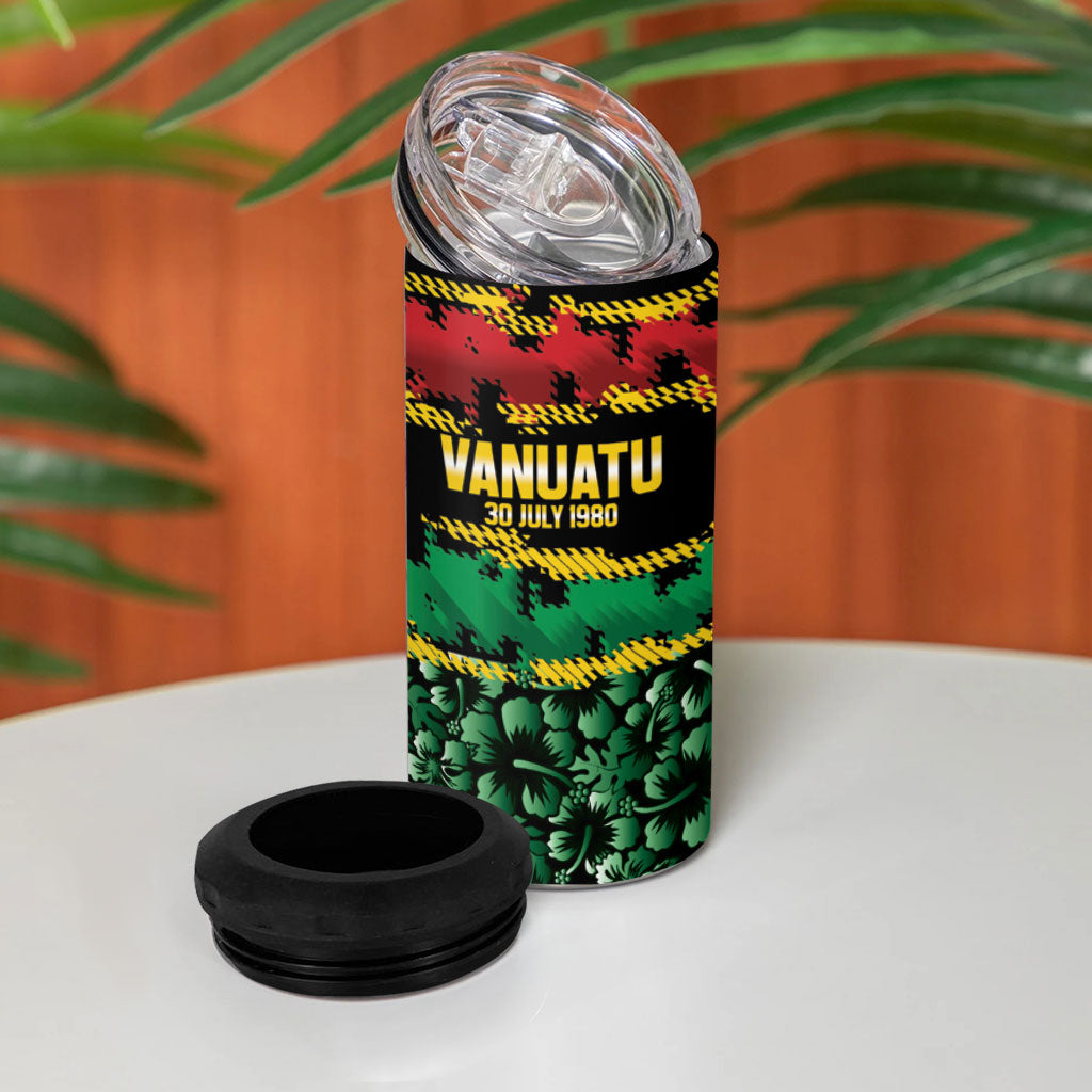 Vanuatu 46th Year Anniversary 4 in 1 Can Cooler Tumbler 30 July 1980 Hibiscus Seamless Pattern LT9 - Polynesian Pride