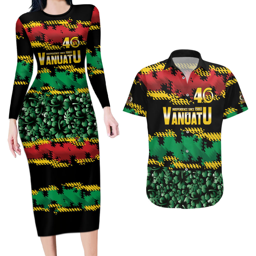 Vanuatu 46th Year Anniversary Couples Matching Long Sleeve Bodycon Dress and Hawaiian Shirt 30 July 1980 Hibiscus Seamless Pattern LT9 Black - Polynesian Pride