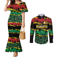 Vanuatu 46th Year Anniversary Couples Matching Mermaid Dress and Long Sleeve Button Shirt 30 July 1980 Hibiscus Seamless Pattern LT9 Black - Polynesian Pride