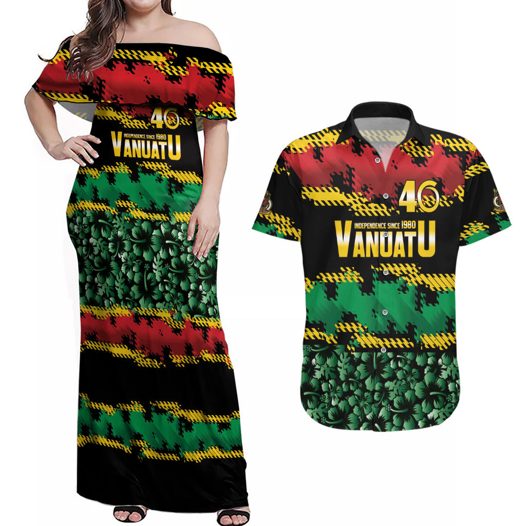 Vanuatu 46th Year Anniversary Couples Matching Off Shoulder Maxi Dress and Hawaiian Shirt 30 July 1980 Hibiscus Seamless Pattern LT9 Black - Polynesian Pride