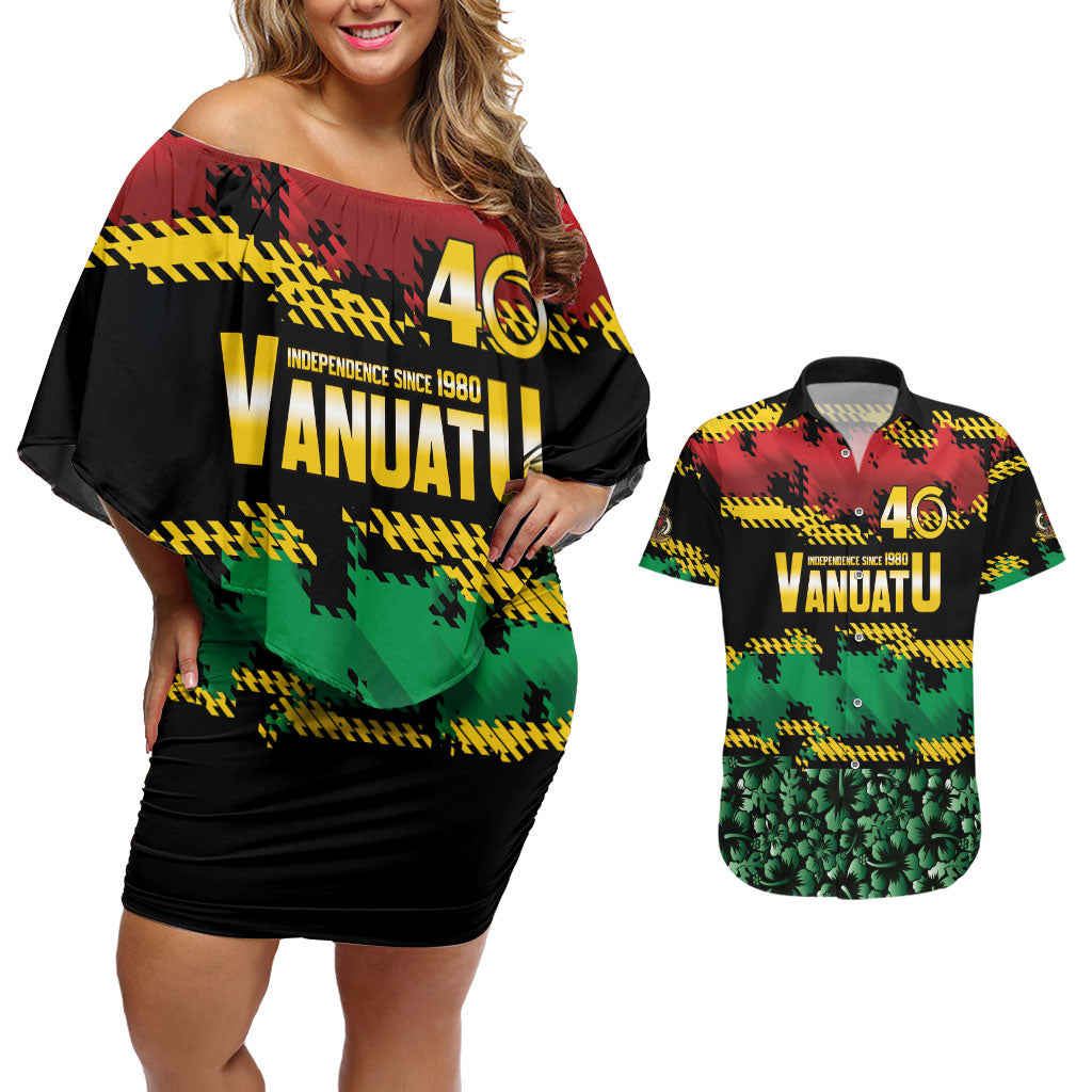 Vanuatu 46th Year Anniversary Couples Matching Off Shoulder Short Dress and Hawaiian Shirt 30 July 1980 Hibiscus Seamless Pattern LT9 Black - Polynesian Pride