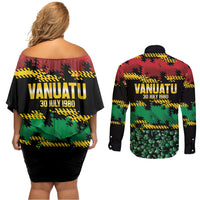 Vanuatu 46th Year Anniversary Couples Matching Off Shoulder Short Dress and Long Sleeve Button Shirt 30 July 1980 Hibiscus Seamless Pattern LT9 - Polynesian Pride