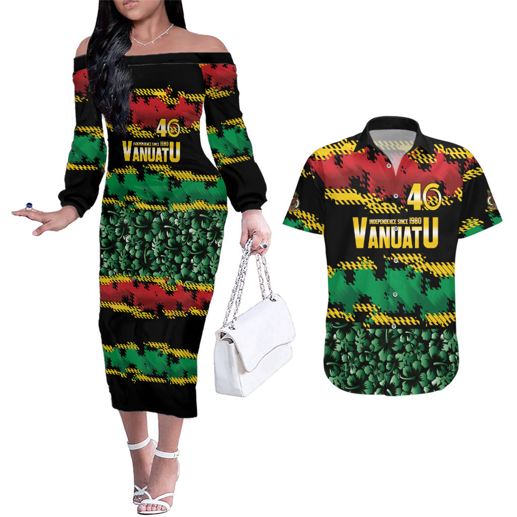 Vanuatu 46th Year Anniversary Couples Matching Off The Shoulder Long Sleeve Dress and Hawaiian Shirt 30 July 1980 Hibiscus Seamless Pattern LT9 Black - Polynesian Pride