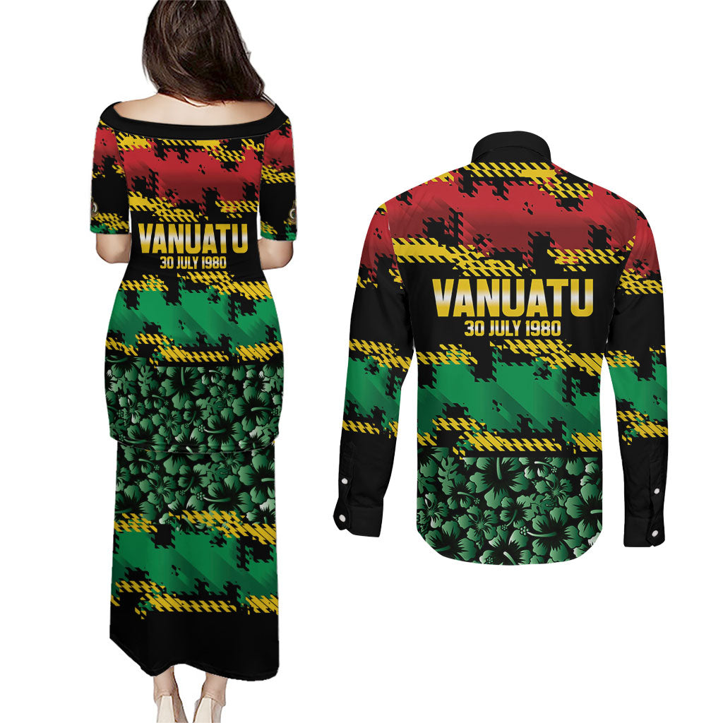 Vanuatu 46th Year Anniversary Couples Matching Puletasi and Long Sleeve Button Shirt 30 July 1980 Hibiscus Seamless Pattern LT9 - Polynesian Pride