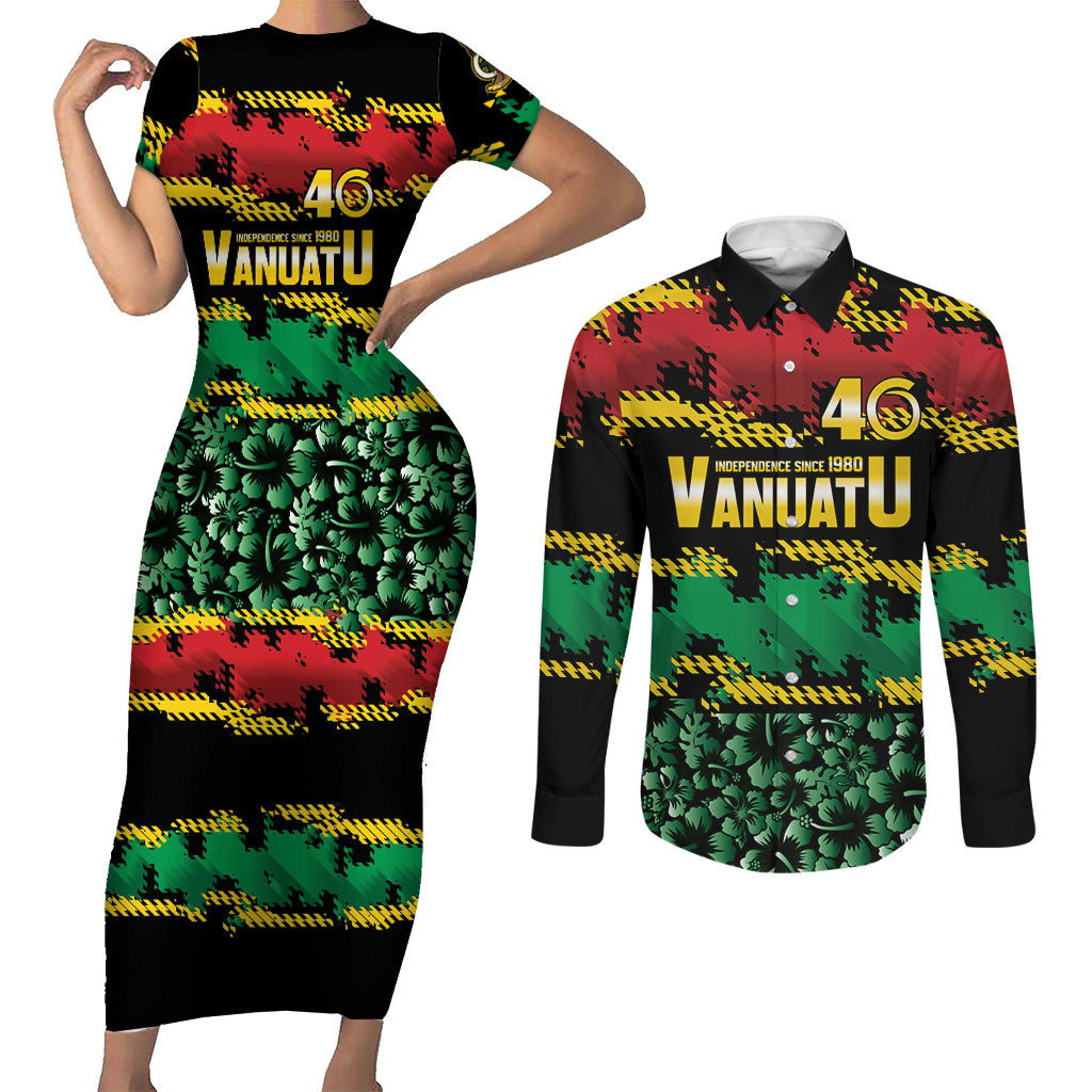 Vanuatu 46th Year Anniversary Couples Matching Short Sleeve Bodycon Dress and Long Sleeve Button Shirt 30 July 1980 Hibiscus Seamless Pattern