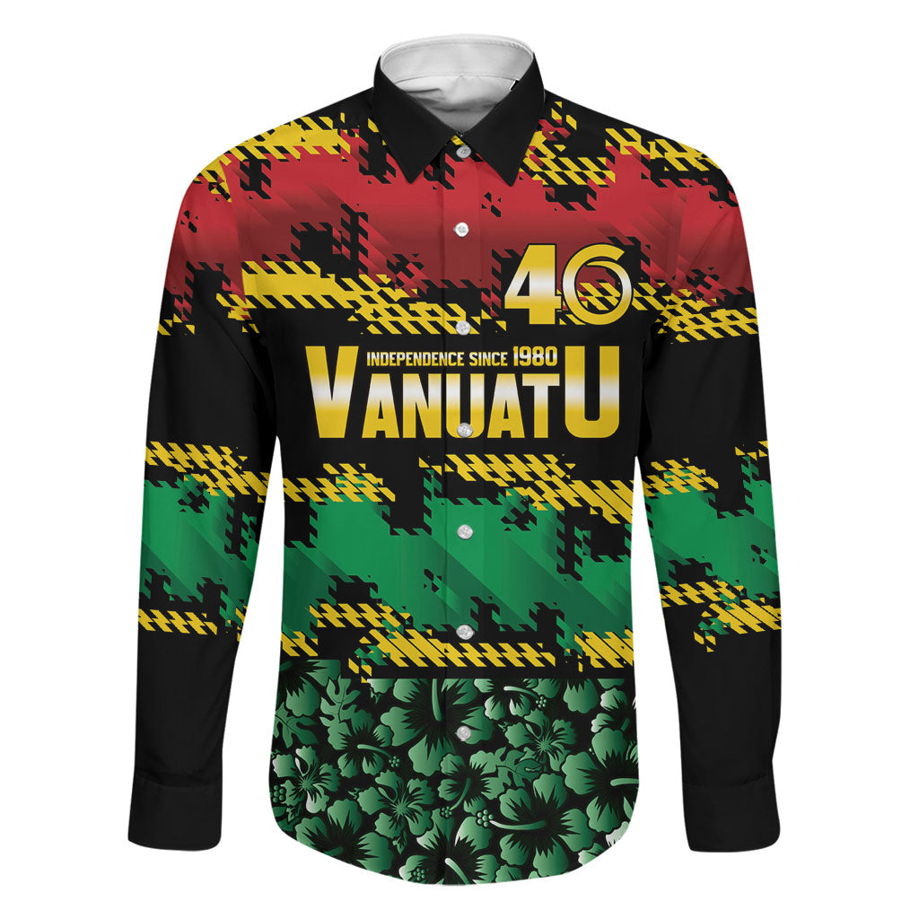 Vanuatu 46th Year Anniversary Family Matching Mermaid Dress and Hawaiian Shirt 30 July 1980 Hibiscus Seamless Pattern LT9 Dad's Shirt - Long Sleeve Black - Polynesian Pride