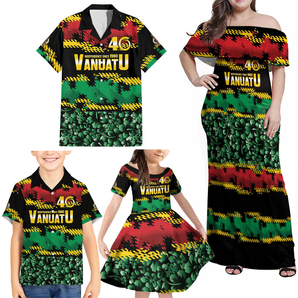 Vanuatu 46th Year Anniversary Family Matching Off Shoulder Maxi Dress and Hawaiian Shirt 30 July 1980 Hibiscus Seamless Pattern