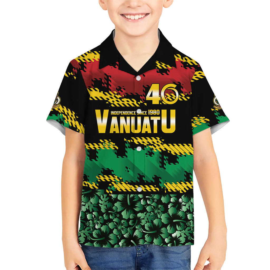 Vanuatu 46th Year Anniversary Family Matching Off Shoulder Maxi Dress and Hawaiian Shirt 30 July 1980 Hibiscus Seamless Pattern LT9 Son's Shirt Black - Polynesian Pride