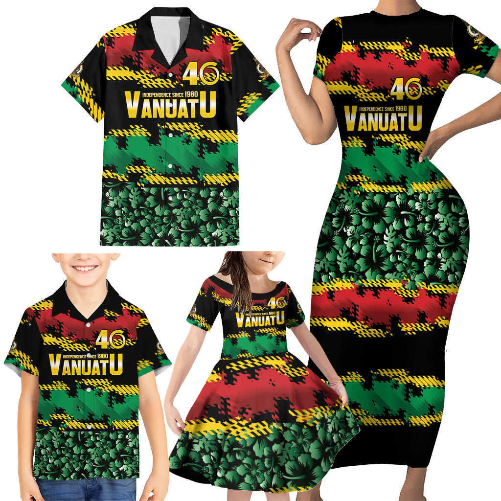 Vanuatu 46th Year Anniversary Family Matching Short Sleeve Bodycon Dress and Hawaiian Shirt 30 July 1980 Hibiscus Seamless Pattern