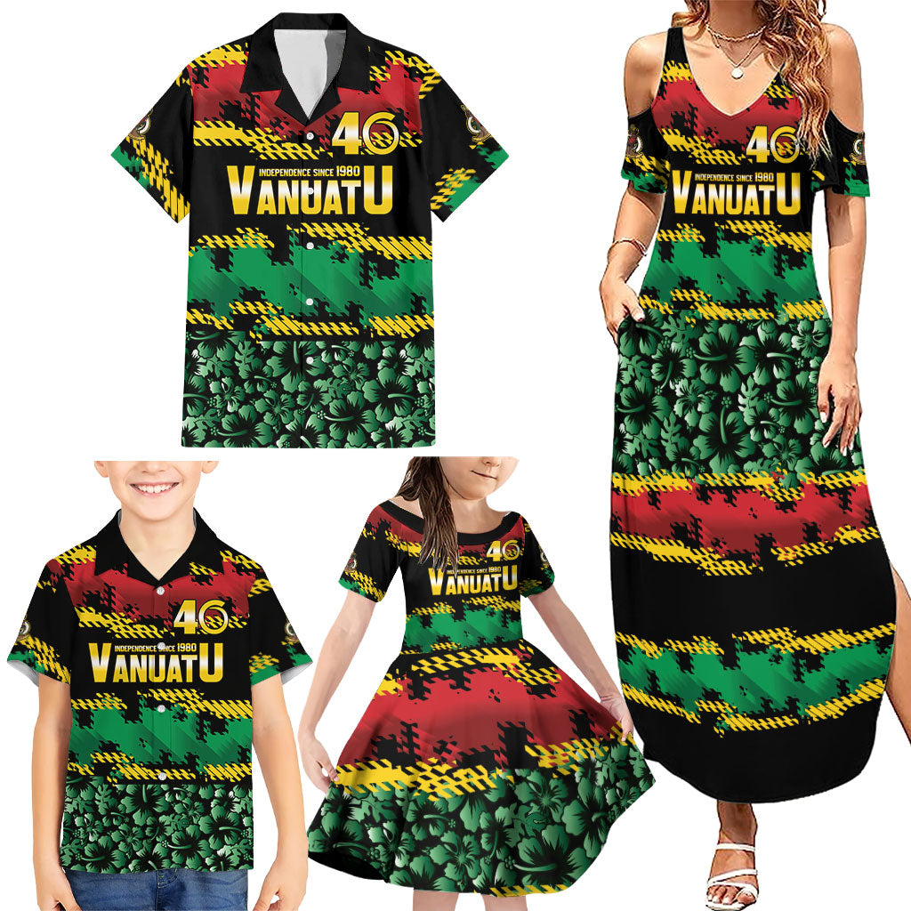 Vanuatu 46th Year Anniversary Family Matching Summer Maxi Dress and Hawaiian Shirt 30 July 1980 Hibiscus Seamless Pattern
