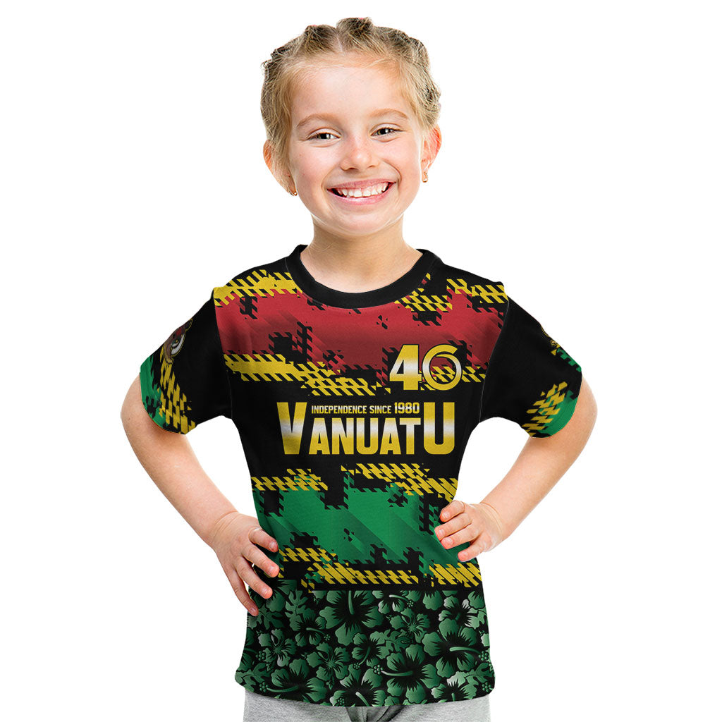 Vanuatu 46th Year Anniversary Kid T Shirt 30 July 1980 Hibiscus Seamless Pattern LT9 Black - Polynesian Pride