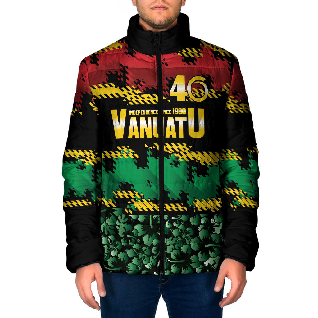 Vanuatu 46th Year Anniversary Padded Jacket 30 July 1980 Hibiscus Seamless Pattern LT9 Men Black - Polynesian Pride