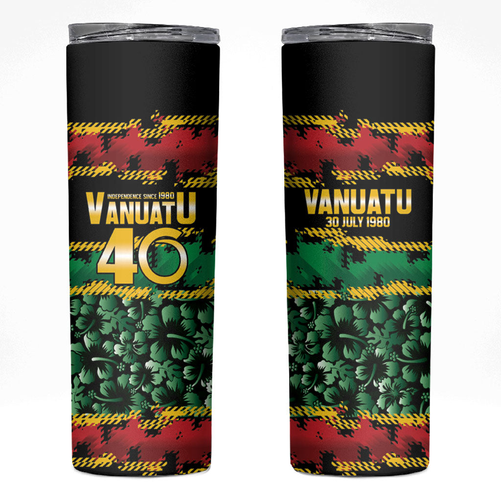 Vanuatu 46th Year Anniversary Skinny Tumbler 30 July 1980 Hibiscus Seamless Pattern LT9 Black - Polynesian Pride