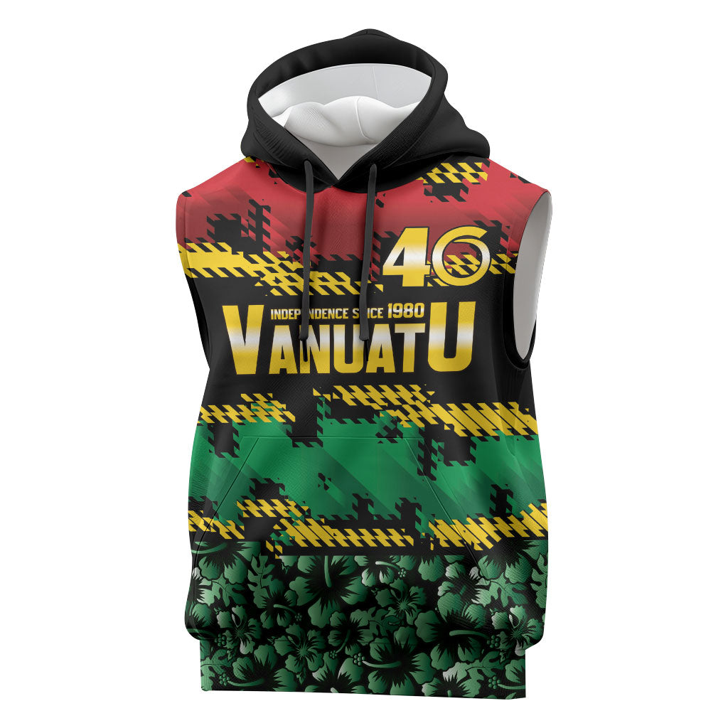 Vanuatu 46th Year Anniversary Sleeveless Hoodie 30 July 1980 Hibiscus Seamless Pattern LT9 Black - Polynesian Pride
