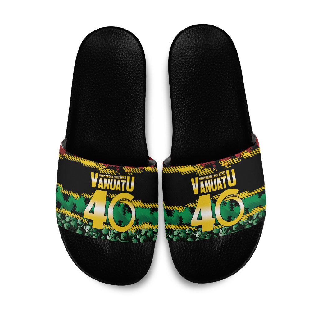 Vanuatu 46th Year Anniversary Slide Sandals 30 July 1980 Hibiscus Seamless Pattern LT9 Black - Polynesian Pride