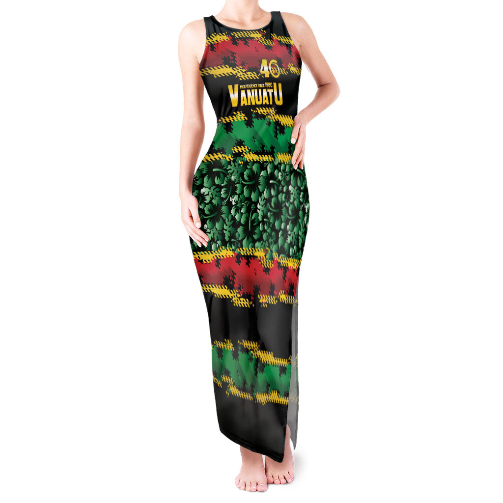 Vanuatu 46th Year Anniversary Tank Maxi Dress 30 July 1980 Hibiscus Seamless Pattern LT9 Women Black - Polynesian Pride
