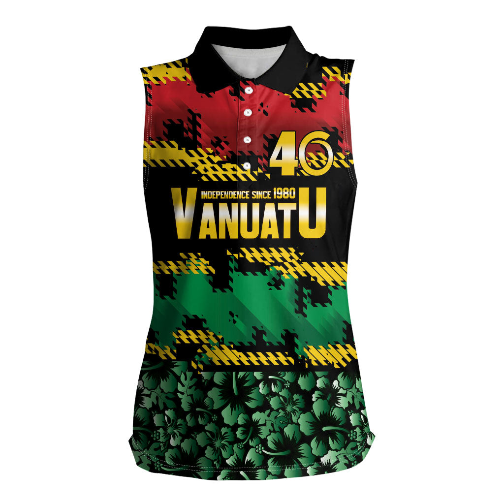 Vanuatu 46th Year Anniversary Women Sleeveless Polo Shirt 30 July 1980 Hibiscus Seamless Pattern LT9 Female Black - Polynesian Pride