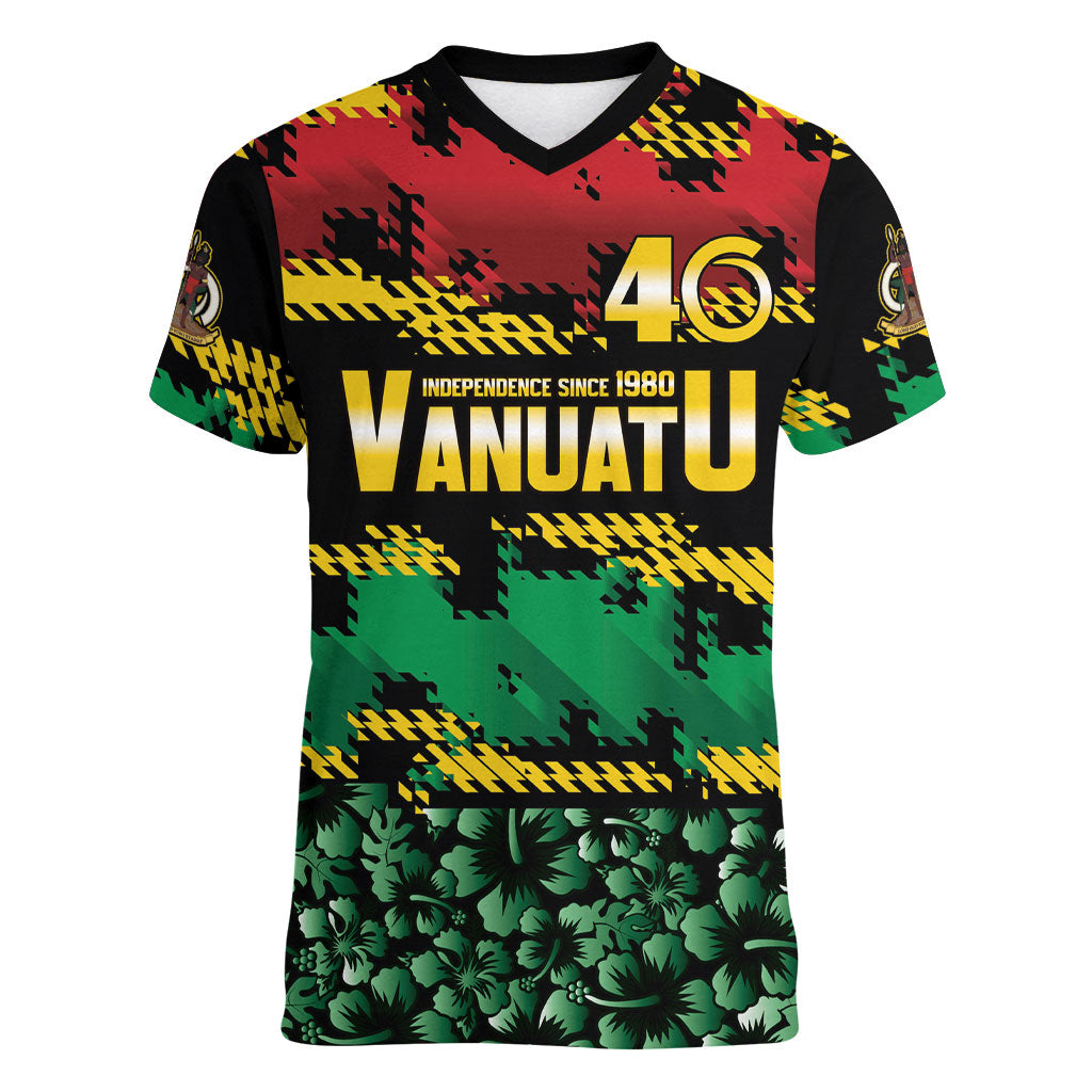 Vanuatu 46th Year Anniversary Women V-Neck T-Shirt 30 July 1980 Hibiscus Seamless Pattern