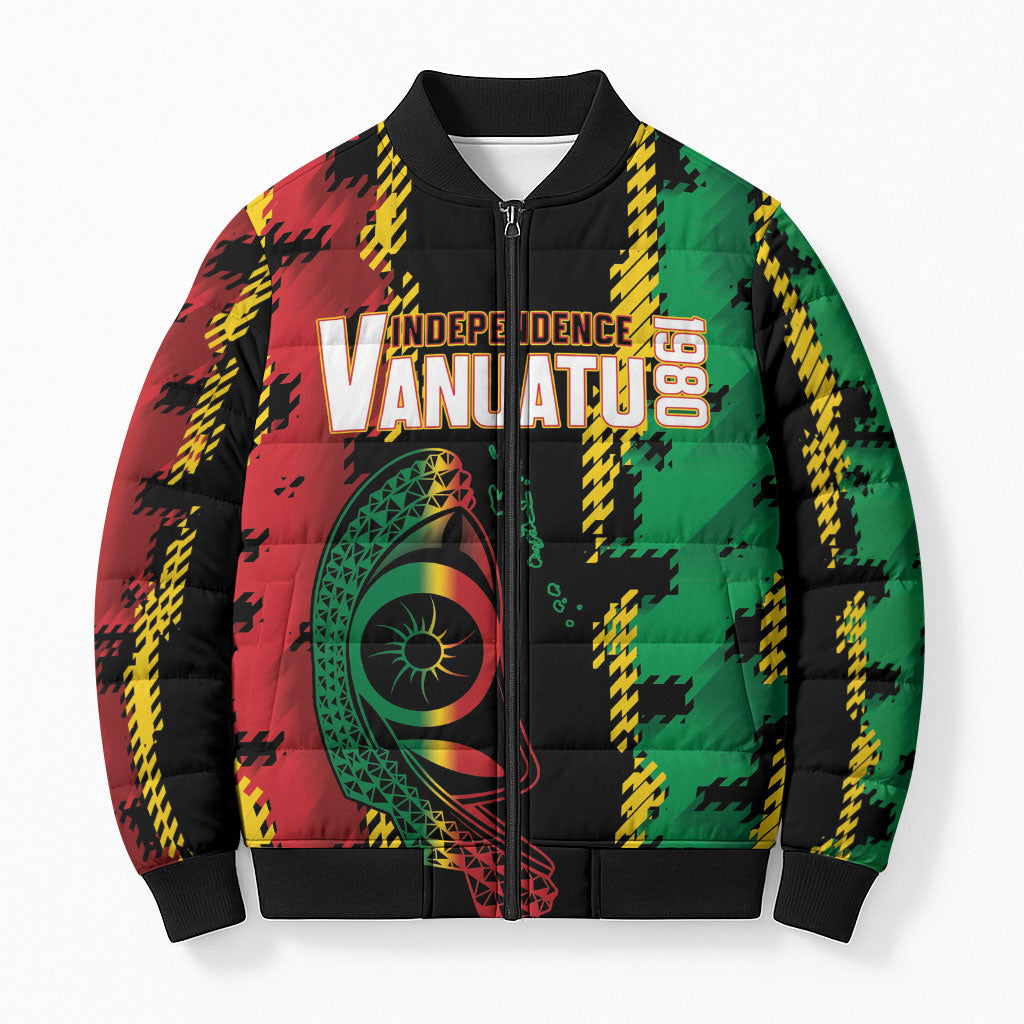 Vanuatu 46th Year Anniversary Bomber Puffer Jacket Tamtam Slit Drums Long God Yumi Stanap LT9 Unisex Black - Polynesian Pride