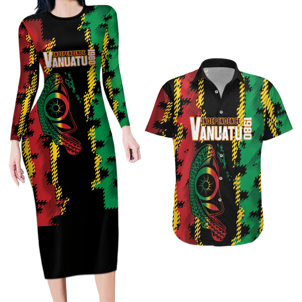 Vanuatu 46th Year Anniversary Couples Matching Long Sleeve Bodycon Dress and Hawaiian Shirt Tamtam Slit Drums Long God Yumi Stanap LT9 Black - Polynesian Pride