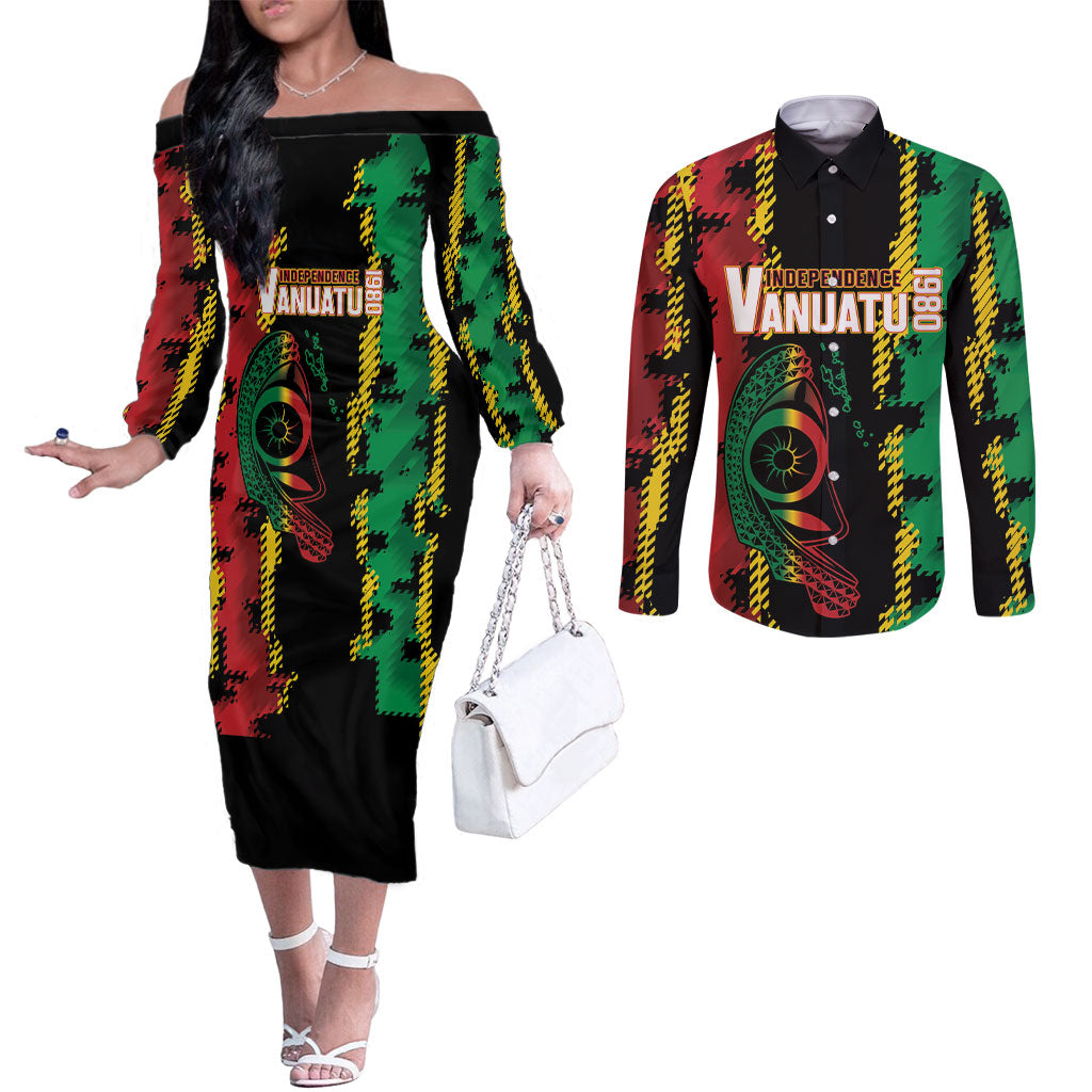 Vanuatu 46th Year Anniversary Couples Matching Off The Shoulder Long Sleeve Dress and Long Sleeve Button Shirt Tamtam Slit Drums Long God Yumi Stanap
