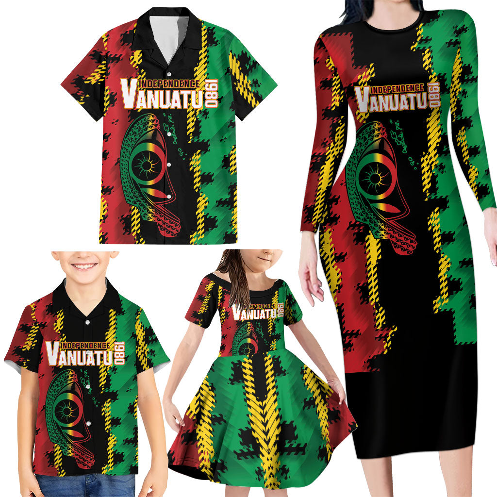 Vanuatu 46th Year Anniversary Family Matching Long Sleeve Bodycon Dress and Hawaiian Shirt Tamtam Slit Drums Long God Yumi Stanap