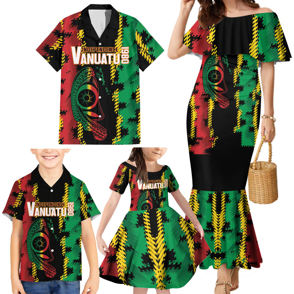 Vanuatu 46th Year Anniversary Family Matching Mermaid Dress and Hawaiian Shirt Tamtam Slit Drums Long God Yumi Stanap