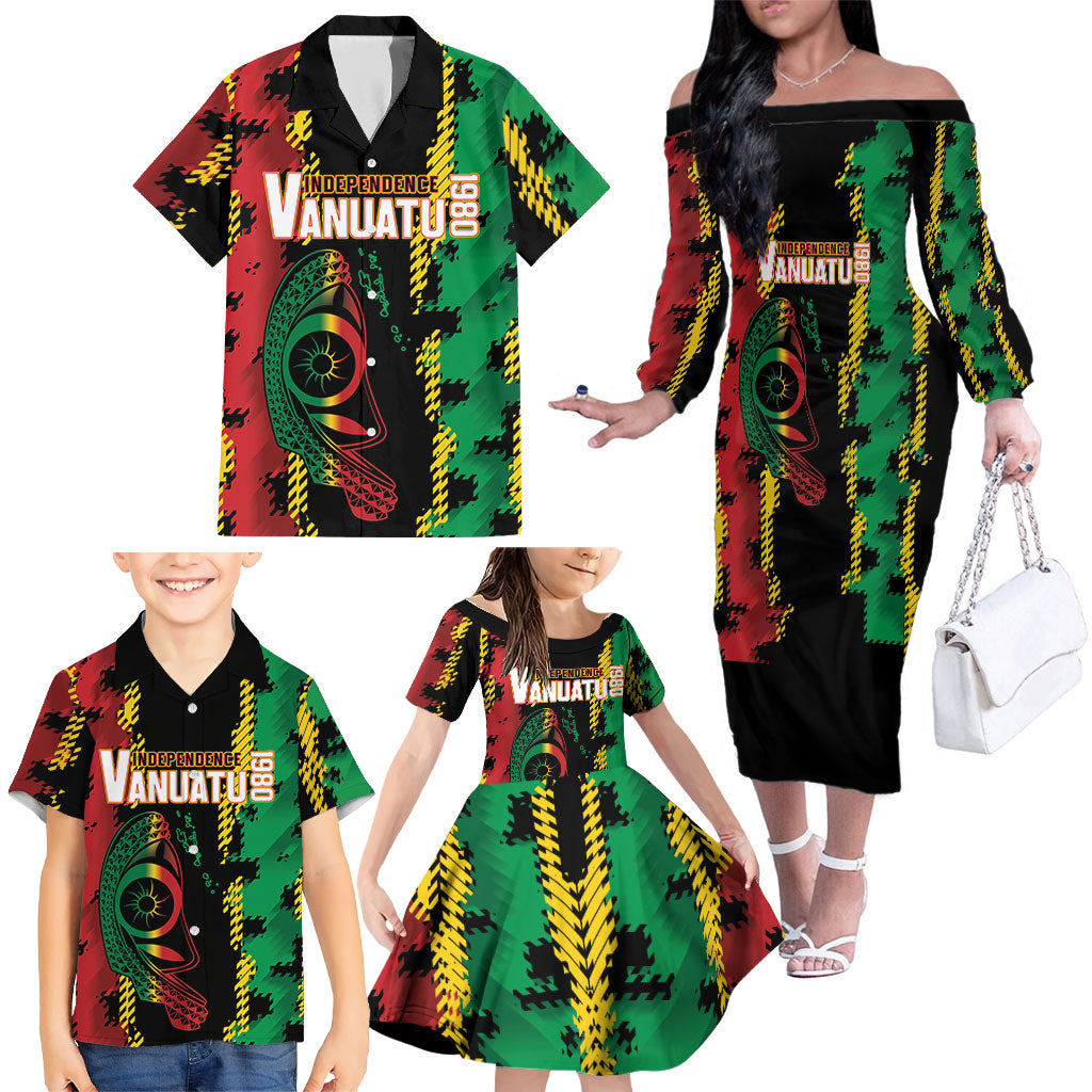 Vanuatu 46th Year Anniversary Family Matching Off The Shoulder Long Sleeve Dress and Hawaiian Shirt Tamtam Slit Drums Long God Yumi Stanap