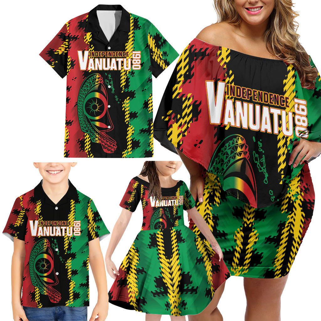 Vanuatu 46th Year Anniversary Family Matching Off Shoulder Short Dress and Hawaiian Shirt Tamtam Slit Drums Long God Yumi Stanap