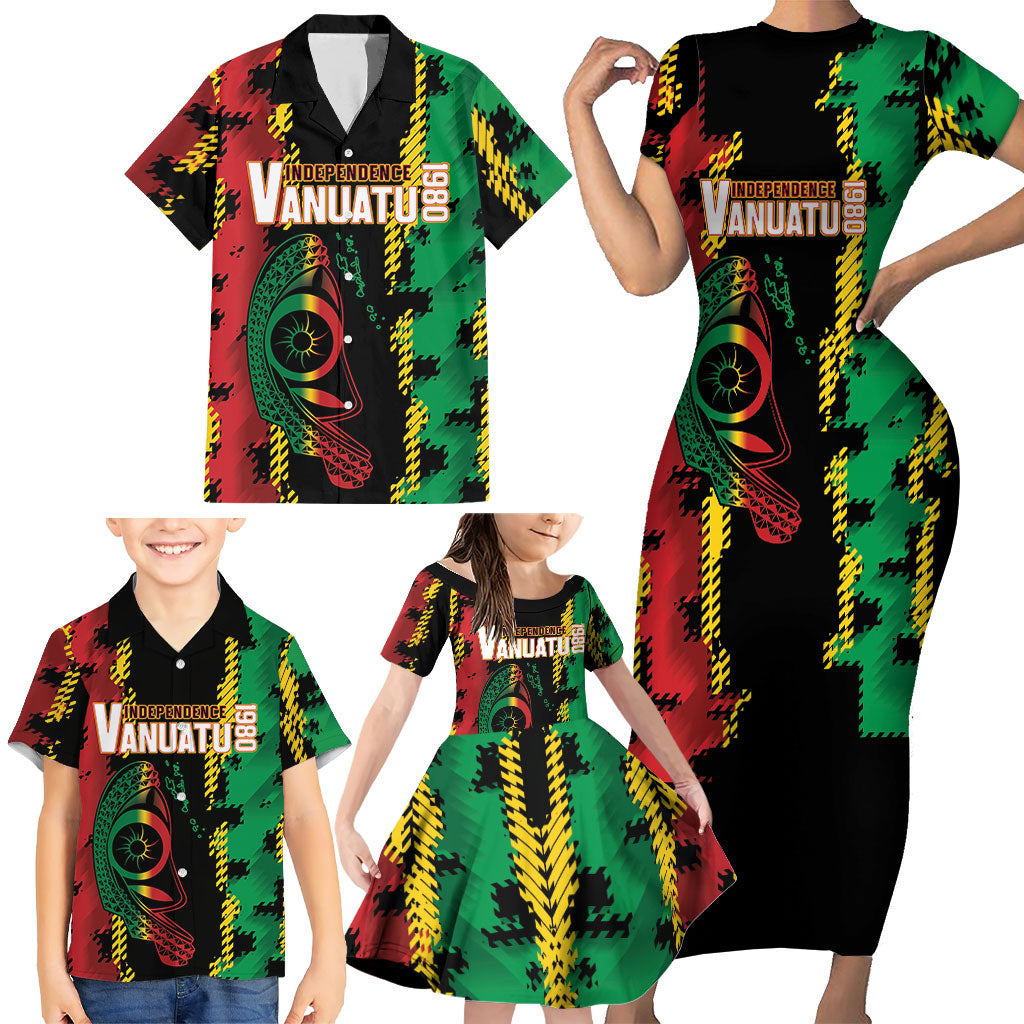 Vanuatu 46th Year Anniversary Family Matching Short Sleeve Bodycon Dress and Hawaiian Shirt Tamtam Slit Drums Long God Yumi Stanap