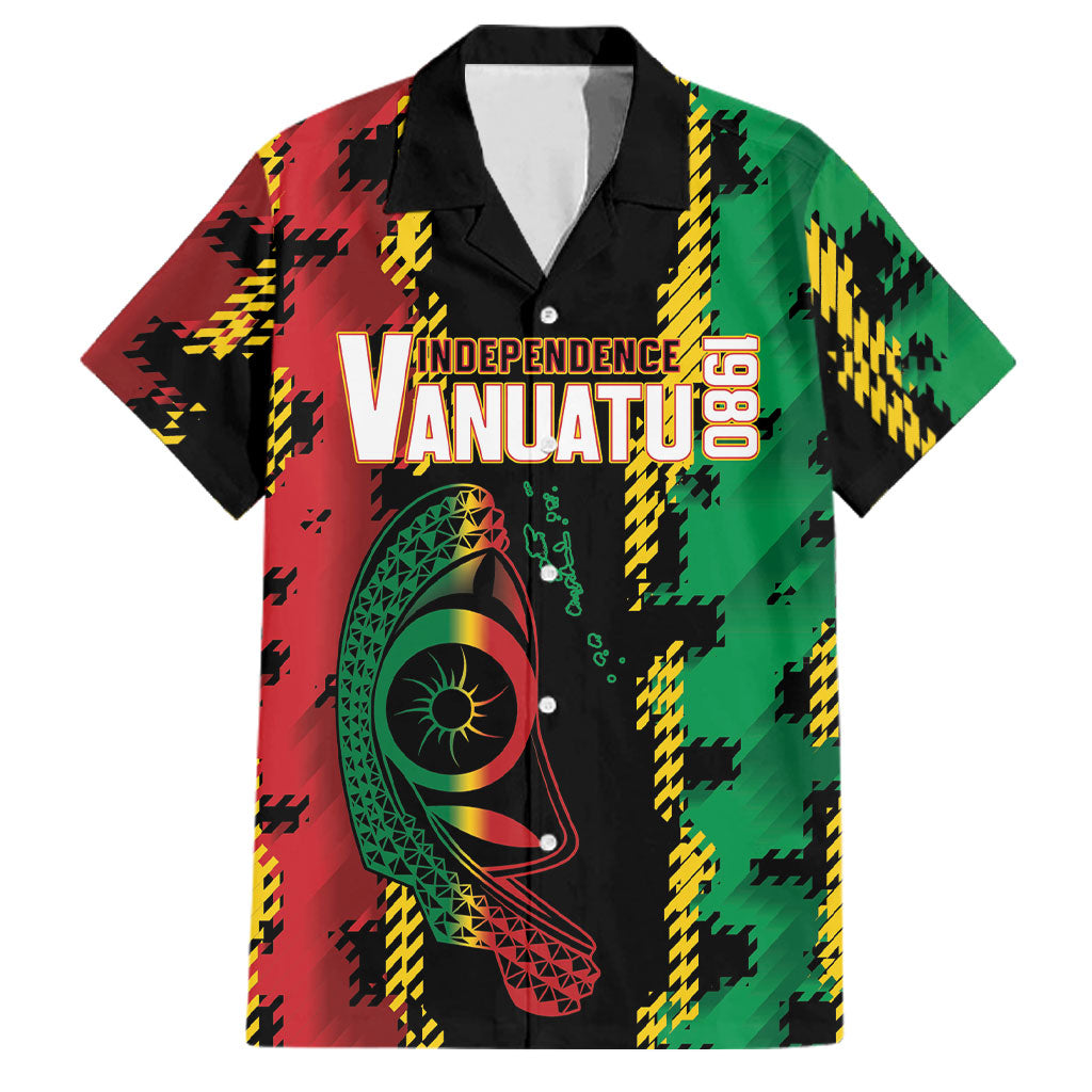 Vanuatu 46th Year Anniversary Family Matching Short Sleeve Bodycon Dress and Hawaiian Shirt Tamtam Slit Drums Long God Yumi Stanap LT9 Dad's Shirt - Short Sleeve Black - Polynesian Pride