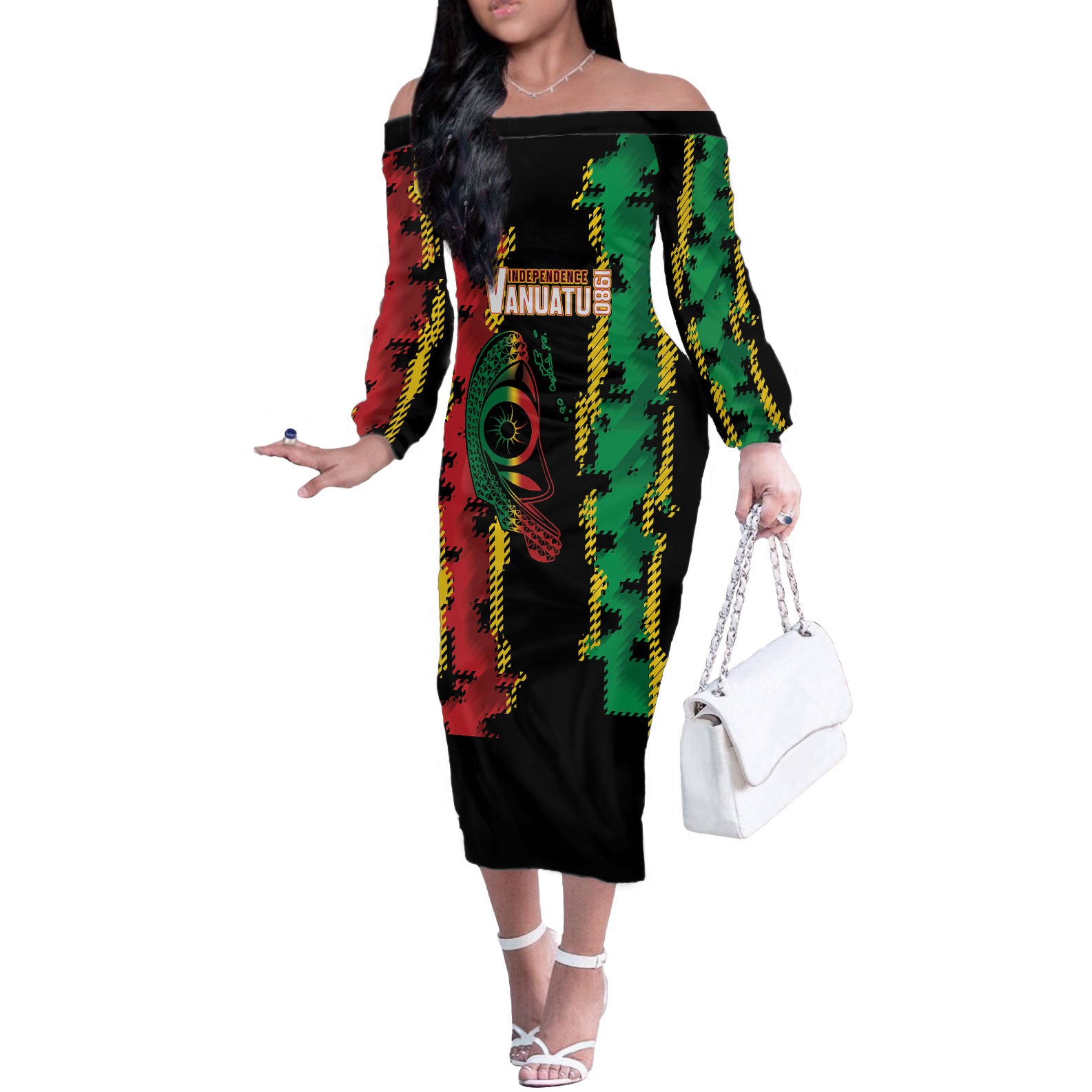 Vanuatu 46th Year Anniversary Off The Shoulder Long Sleeve Dress Tamtam Slit Drums Long God Yumi Stanap