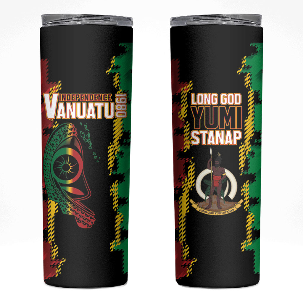 Vanuatu 46th Year Anniversary Skinny Tumbler Tamtam Slit Drums Long God Yumi Stanap LT9 Black - Polynesian Pride